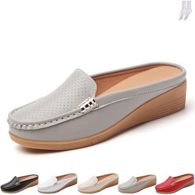 GAGFDA Leren instappers met open rug voor dames, lage plateauschoenen, casual comfortabele slippers, slipvaste slippers, grijs. 0 UK GAGFDA Leren instappers met open rug voor dames, lage plateauschoenen, casual comfortabele slippers, slipvaste slippers, grijs. 0 UK