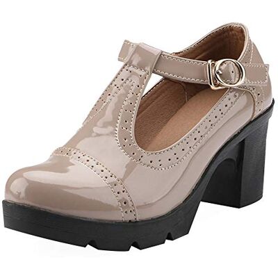 ANUFER Mary Janes pumps voor dames, met blokhak, T-strap, brogues, uniform, Naakt 35 EU ANUFER Mary Janes pumps voor dames, met blokhak, T-strap, brogues, uniform, Naakt 35 EU
