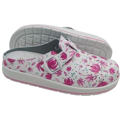Primo Calzature Klompen voor dames, thuis en op het werk, gesloten en comfortabele sanitaire pantoffels, ontspannen pantoffels met uitneembare buitenzool, Roze bloem, 38 EU 38 EU Primo Calzature Klompen voor dames, thuis en op het werk, gesloten en comfortabele sanitaire pantoffels, ontspannen pantoffels met uitneembare buitenzool, Roze bloem, 38 EU 38 EU
