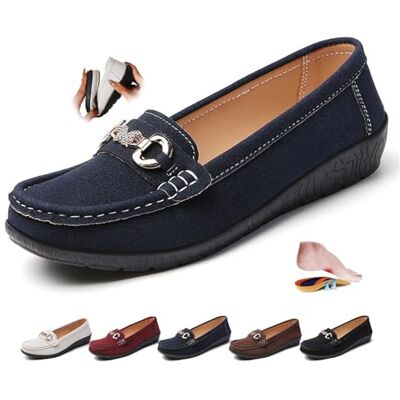 ZPLMIDE Orthopedische mocassins van suède voor dames, comfortabele instappers voor autorijden, modieuze bootschoenen met sleehak, Blauw, 43 EU 43 EU ZPLMIDE Orthopedische mocassins van suède voor dames, comfortabele instappers voor autorijden, modieuze bootschoenen met sleehak, Blauw, 43 EU 43 EU