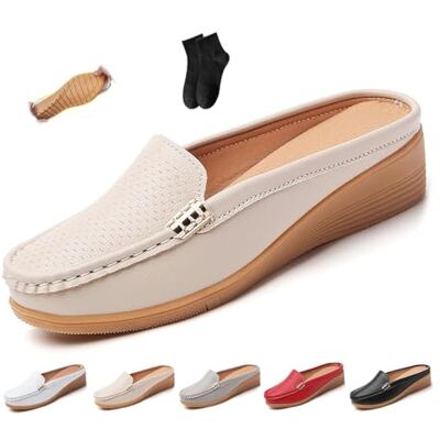POIOZXD Platte leren instappers voor dames, comfortabel en ademend, gesloten teen, open rug, brede sandalen, zacht echt leer, Beige 42.5 EU large POIOZXD Platte leren instappers voor dames, comfortabel en ademend, gesloten teen, open rug, brede sandalen, zacht echt leer, Beige 42.5 EU large