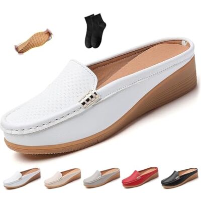 POIOZXD Platte leren instappers voor dames, comfortabel en ademend, gesloten teen, open rug, brede sandalen, zacht echt leer, Wit. 42.5 EU large POIOZXD Platte leren instappers voor dames, comfortabel en ademend, gesloten teen, open rug, brede sandalen, zacht echt leer, Wit. 42.5 EU large