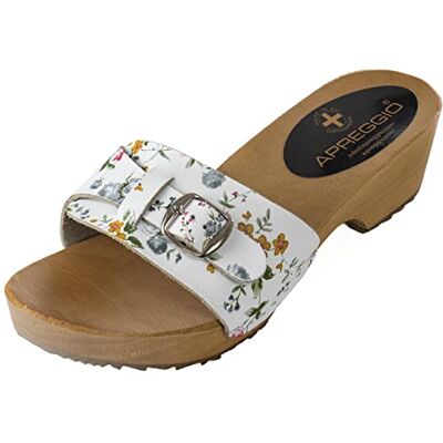 APREGGIO Damesklompen van glad leer, elegante zomersandalen voor dames, hoge hakken, Zweedse stijl, open teen, houten zool, zomer, wit met bloemen, wit, 41 EU 41 EU APREGGIO Damesklompen van glad leer, elegante zomersandalen voor dames, hoge hakken, Zweedse stijl, open teen, houten zool, zomer, wit met bloemen, wit, 41 EU 41 EU