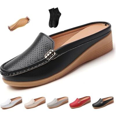 POIOZXD Platte damesslippers van leer, comfortabel en ademend, gesloten teen, open rug, brede muiltjes van zacht echt leer, zwart, 42,5 EU breed 42.5 EU large POIOZXD Platte damesslippers van leer, comfortabel en ademend, gesloten teen, open rug, brede muiltjes van zacht echt leer, zwart, 42,5 EU breed 42.5 EU large