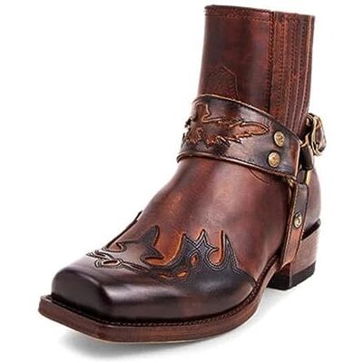 BINDT BEAUTY Heren Western-stijl retro lederen enkellaarsjes met gesp vierkante teen korte cowboylaarzen bruin 44 44 EU BINDT BEAUTY Heren Western-stijl retro lederen enkellaarsjes met gesp vierkante teen korte cowboylaarzen bruin 44 44 EU