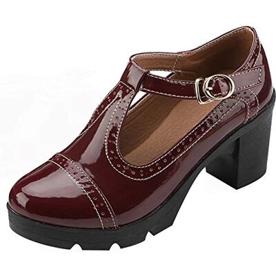 ANUFER Mary Janes pumps voor dames, met blokhak, T-strap, brogues, uniform, Bourgondië 38.5 EU ANUFER Mary Janes pumps voor dames, met blokhak, T-strap, brogues, uniform, Bourgondië 38.5 EU
