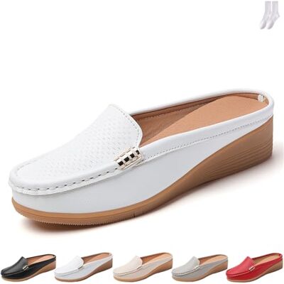 GAGFDA Leren instappers met open rug voor dames, lage plateauschoenen, casual comfortabele slippers, slipvaste slippers, Wit. 0 UK GAGFDA Leren instappers met open rug voor dames, lage plateauschoenen, casual comfortabele slippers, slipvaste slippers, Wit. 0 UK