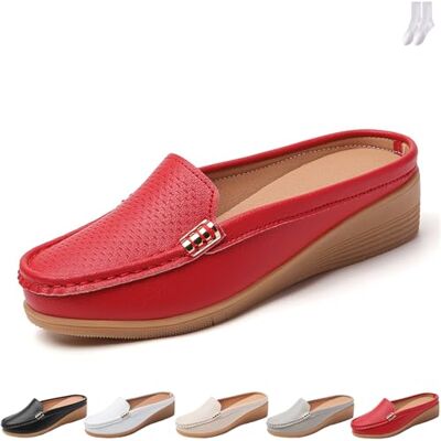 GAGFDA Leren instappers met open rug voor dames, lage plateauschoenen, casual comfortabele slippers, slipvaste slippers, Rood 0 UK GAGFDA Leren instappers met open rug voor dames, lage plateauschoenen, casual comfortabele slippers, slipvaste slippers, Rood 0 UK