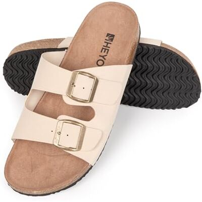 HEYO Pantoffels voor dames en heren, comfortabel, uniseks, kurk, met verstelbare bandjes, Beige, 36 EU 36 EU HEYO Pantoffels voor dames en heren, comfortabel, uniseks, kurk, met verstelbare bandjes, Beige, 36 EU 36 EU