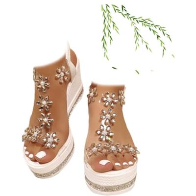 POIOZXD Elegante slip-on sandalen met strass-steentjes en elastische enkelriem met open teen voor dames, Wit A 9.5 UK Wide POIOZXD Elegante slip-on sandalen met strass-steentjes en elastische enkelriem met open teen voor dames, Wit A 9.5 UK Wide