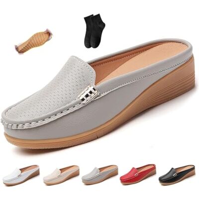 POIOZXD Platte leren instappers voor dames, comfortabel en ademend, gesloten teen, open rug, brede sandalen, zacht echt leer, grijs. 42.5 EU large POIOZXD Platte leren instappers voor dames, comfortabel en ademend, gesloten teen, open rug, brede sandalen, zacht echt leer, grijs. 42.5 EU large