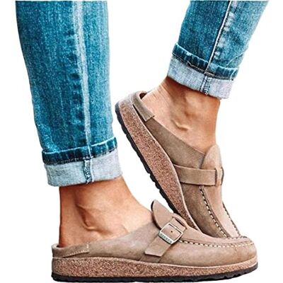 ZEDARO Platte zomersandalen voor dames, suède, ronde teen, open rug, comfortabele bootschoenen met gesloten teen, Khaki (stad) ZEDARO Platte zomersandalen voor dames, suède, ronde teen, open rug, comfortabele bootschoenen met gesloten teen, Khaki (stad)