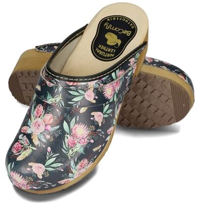 BeComfy Leren klompen voor dames met houten zool, zwart/blauw, 35-41 EU, Zwart met rozen 38 EU Large BeComfy Leren klompen voor dames met houten zool, zwart/blauw, 35-41 EU, Zwart met rozen 38 EU Large