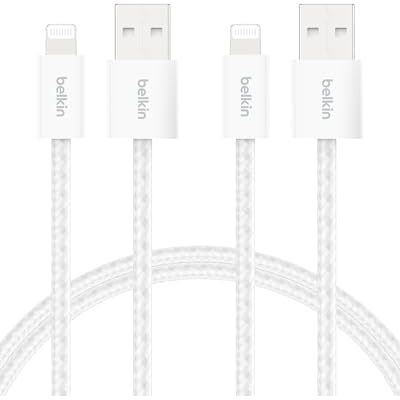 Belkin 2 stuks USB-A naar Lightning-kabel met gevlochten mantel, 1,5 m, zacht, snel opladen, oplaadkabel voor iPhone 14 en eerdere versie, iPad 9e generatie, AirPods, wit Belkin 2 stuks USB-A naar Lightning-kabel met gevlochten mantel, 1,5 m, zacht, snel opladen, oplaadkabel voor iPhone 14 en eerdere versie, iPad 9e generatie, AirPods, wit