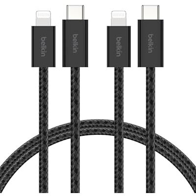 Belkin 2 stuks USB-C kabel met gevlochten ommanteling met Lightning-aansluiting, 1,5 m, zacht, snel opladen, voor iPhone 14 en eerder, iPad 9e generatie, AirPods, zwart Belkin 2 stuks USB-C kabel met gevlochten ommanteling met Lightning-aansluiting, 1,5 m, zacht, snel opladen, voor iPhone 14 en eerder, iPad 9e generatie, AirPods, zwart