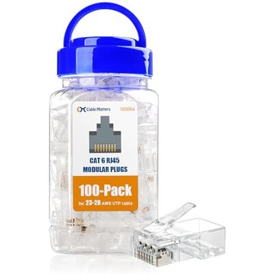 Cable Matters 100 stuks CAT6 RJ45 modulaire stekker (RJ45-stekkers / Cat6-stekker / RJ45 Cat6 uiteinden / RJ45-stekker) voor solide of gevlochten UTP-kabels Cable Matters 100 stuks CAT6 RJ45 modulaire stekker (RJ45-stekkers / Cat6-stekker / RJ45 Cat6 uiteinden / RJ45-stekker) voor solide of gevlochten UTP-kabels