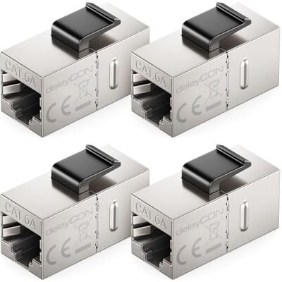deleyCON Keystone RJ45 CAT6A koppeling (4 stuks) – STP, 2 x RJ45-stekker, 10 Gbit/s, 500 MHz, 1:1 bedrading, zilver deleyCON Keystone RJ45 CAT6A koppeling (4 stuks) – STP, 2 x RJ45-stekker, 10 Gbit/s, 500 MHz, 1:1 bedrading, zilver