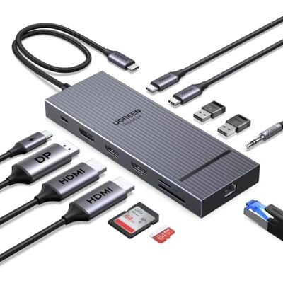 UGREEN Revodok Pro 3121 USB C Hub 12-in-1 Triple Display Docking Station 2 HDMI 4K60Hz en 1 DisplayPort 4K120Hz, 10Gbps datapoorten, PD 100W opladen, RJ45 Gigabit, SD TF-speler UGREEN Revodok Pro 3121 USB C Hub 12-in-1 Triple Display Docking Station 2 HDMI 4K60Hz en 1 DisplayPort 4K120Hz, 10Gbps datapoorten, PD 100W opladen, RJ45 Gigabit, SD TF-speler