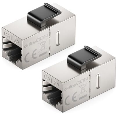 deleyCON Keystone RJ45 CAT6A koppeling (2 stuks) – STP, 2 x RJ45-stekker, 10 Gbit/s, 500 MHz, 1:1 bedrading, zilver deleyCON Keystone RJ45 CAT6A koppeling (2 stuks) – STP, 2 x RJ45-stekker, 10 Gbit/s, 500 MHz, 1:1 bedrading, zilver
