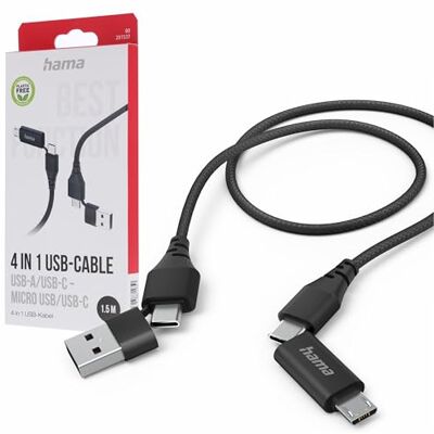 Hama Multi USB-oplaadkabel (multi USB-oplader, multi 4-in-1 oplaadkabel, 2 USB-C/Micro-USB/USB-A, 480 Mbit/s, 1,5 m, universele USB-C-kabel voor laptop, tablet, telefoon) zwart Hama Multi USB-oplaadkabel (multi USB-oplader, multi 4-in-1 oplaadkabel, 2 USB-C/Micro-USB/USB-A, 480 Mbit/s, 1,5 m, universele USB-C-kabel voor laptop, tablet, telefoon) zwart