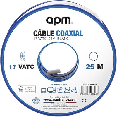 APM Coaxkabel spoel 17 VATC, 25 m, hoogwaardige afscherming, kleur wit, compatibel met tv, satelliet, TNT, parabool, frequenties HF/VHF/UHF 408024 APM Coaxkabel spoel 17 VATC, 25 m, hoogwaardige afscherming, kleur wit, compatibel met tv, satelliet, TNT, parabool, frequenties HF/VHF/UHF 408024