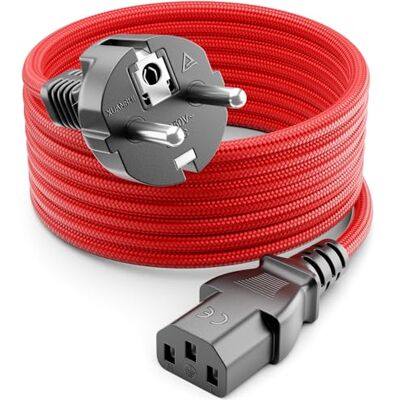 deleyCON 3,0 m koude apparaatkabel, nylon kabel, stroomkabel, 3-polig, contactbescherming (type F naar C13-stekker), pc, computer, monitor, printerprojector, rood deleyCON 3,0 m koude apparaatkabel, nylon kabel, stroomkabel, 3-polig, contactbescherming (type F naar C13-stekker), pc, computer, monitor, printerprojector, rood