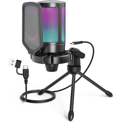 FIFINE USB Gaming Microfoon voor PC PS5, RGB condensatormicrofoon met Tap-to-Mute-knop, schokbestendige houder, popfilter, versterkingsregeling voor streaming, podcast, discord, Twitch, AmpliGame FIFINE USB Gaming Microfoon voor PC PS5, RGB condensatormicrofoon met Tap-to-Mute-knop, schokbestendige houder, popfilter, versterkingsregeling voor streaming, podcast, discord, Twitch, AmpliGame