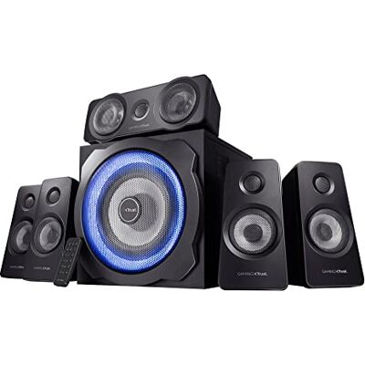 GXTrust Trust Gaming GXT 658 Tytan Gaming PC Luidspreker 5.1 met subwoofer voor computer (180 watt), heldere LED, zwart/blauw GXTrust Trust Gaming GXT 658 Tytan Gaming PC Luidspreker 5.1 met subwoofer voor computer (180 watt), heldere LED, zwart/blauw