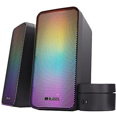 GXTrust Trust Gaming GXT 611 Wezz Gaming 2.0 PC luidspreker, RGB LED-verlichting, 12 W (6 W RMS), USB-voeding, 3,5 mm aansluiting, bekabelde volumeregeling, pc-luidspreker voor computer, laptop, zwart GXTrust Trust Gaming GXT 611 Wezz Gaming 2.0 PC luidspreker, RGB LED-verlichting, 12 W (6 W RMS), USB-voeding, 3,5 mm aansluiting, bekabelde volumeregeling, pc-luidspreker voor computer, laptop, zwart