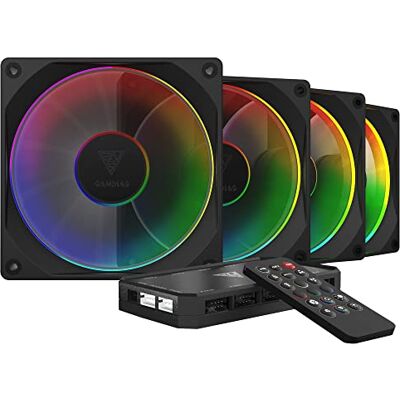 GAMDIAS 4 stuks 120 mm ARGB-ventilator voor pc-behuizing, PWM-bediening, moederbordsynchronisatie, afstandsbediening en besturingsbox, 55 geïntegreerde lichteffecten GAMDIAS 4 stuks 120 mm ARGB-ventilator voor pc-behuizing, PWM-bediening, moederbordsynchronisatie, afstandsbediening en besturingsbox, 55 geïntegreerde lichteffecten