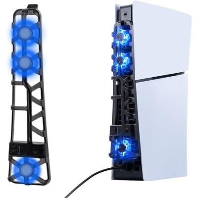 Tolesum Koelventilator voor PS5 Slim met gekleurd ledlicht, stille ventilator met temperatuurregeling voor PS5 Slim DE/UHD-console, 3 modi, zwart, niet voor PS5/PS5 Pro Tolesum Koelventilator voor PS5 Slim met gekleurd ledlicht, stille ventilator met temperatuurregeling voor PS5 Slim DE/UHD-console, 3 modi, zwart, niet voor PS5/PS5 Pro