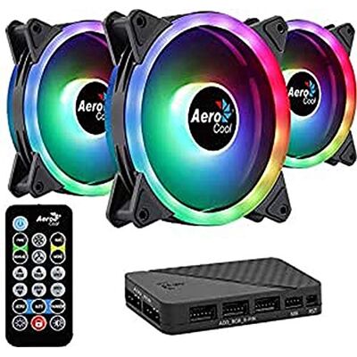 Aerocool Duo 12 Pro Pack 3 ARGB-ventilatoren 120 mm, 1 H66F RGB-ventilatorhub, afstandsbediening, dubbele RGB-led-ring en 18 leds, inclusief 6-polige stekker, gebogen bladen en Aerocool Duo 12 Pro Pack 3 ARGB-ventilatoren 120 mm, 1 H66F RGB-ventilatorhub, afstandsbediening, dubbele RGB-led-ring en 18 leds, inclusief 6-polige stekker, gebogen bladen en
