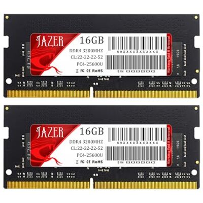 JAZER RAM DDR4 32 GB (2 x 16 GB) 3200 MHz SODIMM CL22, 260-Pin, 1,2 V, voor laptop, mini-pc, hoog geheugen JAZER RAM DDR4 32 GB (2 x 16 GB) 3200 MHz SODIMM CL22, 260-Pin, 1,2 V, voor laptop, mini-pc, hoog geheugen