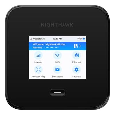 Netgear 5G Mobile Nighthawk M7 Pro 5G Router (MR7450), WiFi 7, ontgrendeld MiFi mobiele reisrouter, 2,5 G ethernetpoort, SIM-sleuf, 125 landen, 64 apparaten, verbeterde beveiliging Netgear 5G Mobile Nighthawk M7 Pro 5G Router (MR7450), WiFi 7, ontgrendeld MiFi mobiele reisrouter, 2,5 G ethernetpoort, SIM-sleuf, 125 landen, 64 apparaten, verbeterde beveiliging