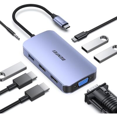 BENFEI USB C dockingstation, 8-in-1 USB C hub Dual HDMI, VGA, 3 USB 3.0-poorten, 100 W voeding, 3,5 mm aux-audio, compatibel met MacBook Pro BENFEI USB C dockingstation, 8-in-1 USB C hub Dual HDMI, VGA, 3 USB 3.0-poorten, 100 W voeding, 3,5 mm aux-audio, compatibel met MacBook Pro