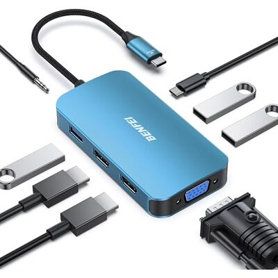 BENFEI 8-in-1 USB C MST hub met USB-C naar 2 HDMI/1 VGA, naar 3 USB 3.0 Dual HDMI, VGA, 3 USB 3.0-poorten, 100 W voeding, 3,5 mm AUX-audio, compatibel met MacBook Pro BENFEI 8-in-1 USB C MST hub met USB-C naar 2 HDMI/1 VGA, naar 3 USB 3.0 Dual HDMI, VGA, 3 USB 3.0-poorten, 100 W voeding, 3,5 mm AUX-audio, compatibel met MacBook Pro