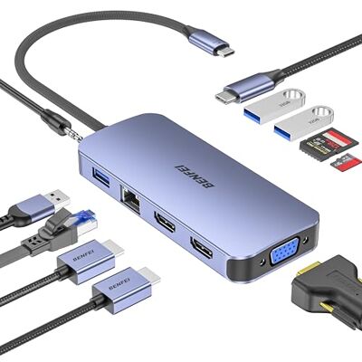 BENFEI 11-in-1 USB C Hub Triple Display Dockingstation Dual HDMI, VGA, 3 x 3 x USB 3.0, 1 Gbps Ethernet, 100 W voeding, SD/TF-kaartlezer, 3,5 mm AUX-audio compatibel met BENFEI 11-in-1 USB C Hub Triple Display Dockingstation Dual HDMI, VGA, 3 x 3 x USB 3.0, 1 Gbps Ethernet, 100 W voeding, SD/TF-kaartlezer, 3,5 mm AUX-audio compatibel met