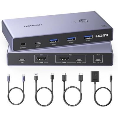 UGREEN KVM Switch HDMI USB C 4K 60Hz 2 ingangen 1 uitgang KVM-schakelaar 4 USB 3.0-poorten 3A1C 5Gbps compatibel met MacBook PS5 computer Steam Deck, HDMI-kabel en USB-C videokabel inbegrepen UGREEN KVM Switch HDMI USB C 4K 60Hz 2 ingangen 1 uitgang KVM-schakelaar 4 USB 3.0-poorten 3A1C 5Gbps compatibel met MacBook PS5 computer Steam Deck, HDMI-kabel en USB-C videokabel inbegrepen