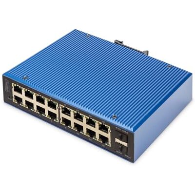 Digitus Netwerkswitch 18 poorten Gigabit Ethernet 16x RJ45 + 2x SFP IP40 L2 Managed 10/100/1000 Mbps DIN-rail montage industriële serie zwart/blauw Digitus Netwerkswitch 18 poorten Gigabit Ethernet 16x RJ45 + 2x SFP IP40 L2 Managed 10/100/1000 Mbps DIN-rail montage industriële serie zwart/blauw