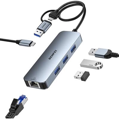 BENFEI USB-C USB 3.0 naar Gigabit Ethernet-adapter, 3-poorts USB 3.0-hub met RJ45, compatibel met MacBook Pro/Air 2023, iPad Pro, iMac, S23, XPS 17, Surface Book 3 en meer BENFEI USB-C USB 3.0 naar Gigabit Ethernet-adapter, 3-poorts USB 3.0-hub met RJ45, compatibel met MacBook Pro/Air 2023, iPad Pro, iMac, S23, XPS 17, Surface Book 3 en meer