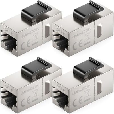 deleyCON Keystone RJ45 CAT6 stekker (4 stuks) STP, RJ45 stekker op stopcontact, 1 Gbit/s, 250 MHz, LAN-koppeling 1:1, vernikkeld koper zilver deleyCON Keystone RJ45 CAT6 stekker (4 stuks) STP, RJ45 stekker op stopcontact, 1 Gbit/s, 250 MHz, LAN-koppeling 1:1, vernikkeld koper zilver