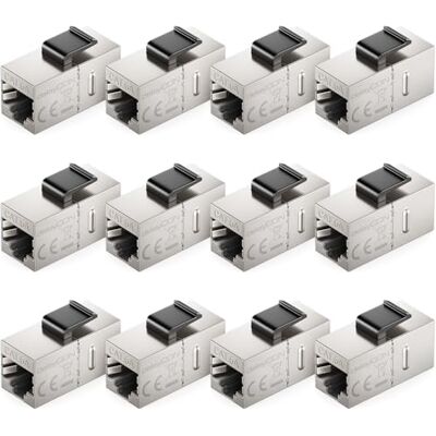deleyCON Keystone RJ45 CAT6A koppeling (12 stuks) – STP, 2 x RJ45-stekker, 10 Gbit/s, 500 MHz, 1:1 bedrading, zilver deleyCON Keystone RJ45 CAT6A koppeling (12 stuks) – STP, 2 x RJ45-stekker, 10 Gbit/s, 500 MHz, 1:1 bedrading, zilver