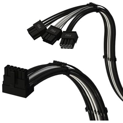 LINKUP AVA Verlengkabel voor PSU, linkshoekig, PCIe 5.0, 16-pins (12+4) naar 3x8 pins, 16AWG ommanteld, compatibel met RTX40 en RTX30 FE grafische kaarten, voor Corsair/ThermalTake voedingen, 70 cm LINKUP AVA Verlengkabel voor PSU, linkshoekig, PCIe 5.0, 16-pins (12+4) naar 3x8 pins, 16AWG ommanteld, compatibel met RTX40 en RTX30 FE grafische kaarten, voor Corsair/ThermalTake voedingen, 70 cm