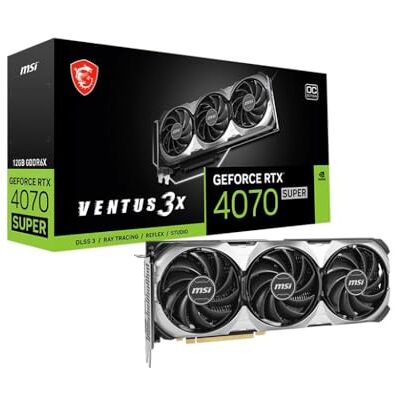 MSI GeForce RTX 4070 SUPER 12G VENTUS 3X OC Grafische kaart voor gaming, 12 GB GDDR6X, PCI Express Gen 4, 192-bit, 3x DP v 1.4a, HDMI 2.1a (ondersteunt 4K en 8K HDR). MSI GeForce RTX 4070 SUPER 12G VENTUS 3X OC Grafische kaart voor gaming, 12 GB GDDR6X, PCI Express Gen 4, 192-bit, 3x DP v 1.4a, HDMI 2.1a (ondersteunt 4K en 8K HDR).
