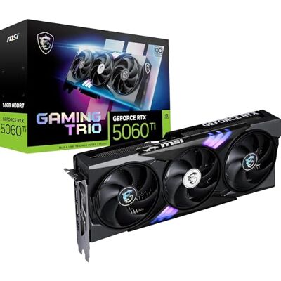 MSI GeForce RTX 5060 Ti 16G GAMING TRIO OC grafische kaart GPU RTX 5060 Ti, 16 GB GDDR7 (28 Gbit/s/128 bits), PCIe 5.0 TRI FROZR 4 (3 STORMFORCE ventilatoren) RGB HDMI 2.1b, DisplayPort 2.1b MSI GeForce RTX 5060 Ti 16G GAMING TRIO OC grafische kaart GPU RTX 5060 Ti, 16 GB GDDR7 (28 Gbit/s/128 bits), PCIe 5.0 TRI FROZR 4 (3 STORMFORCE ventilatoren) RGB HDMI 2.1b, DisplayPort 2.1b