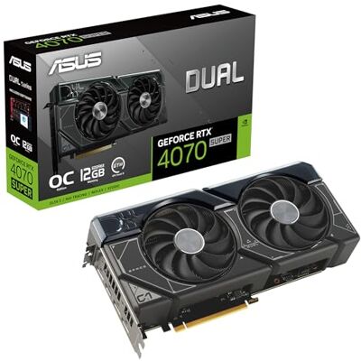 Asus Dual NVIDIA GeForce RTX 4070 Super OC Edition grafische kaart (12 GB GDDR6X, PCIe 4.0, DLSS 3, HDMI 2.1, DisplayPort 1.4a, 2.56-slot, axiale ventilatoren, auto-extreme technologie) Asus Dual NVIDIA GeForce RTX 4070 Super OC Edition grafische kaart (12 GB GDDR6X, PCIe 4.0, DLSS 3, HDMI 2.1, DisplayPort 1.4a, 2.56-slot, axiale ventilatoren, auto-extreme technologie)