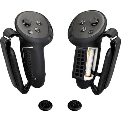 Growalleter VR Touch Meta Quest 3 S siliconen helmbeschermpad met verstelbare polsband, 1 paar duimgrepen en batterijdeksels, zwart, eenvoudige stijl Growalleter VR Touch Meta Quest 3 S siliconen helmbeschermpad met verstelbare polsband, 1 paar duimgrepen en batterijdeksels, zwart, eenvoudige stijl