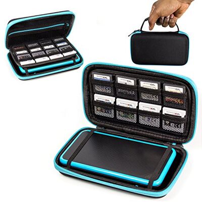 Orzly Nintendo 2DS XL draagtas, draagbare harde beschermhoes voor 2DS XL-console met speelvakken en ritsvak, blauw op zwart Orzly Nintendo 2DS XL draagtas, draagbare harde beschermhoes voor 2DS XL-console met speelvakken en ritsvak, blauw op zwart
