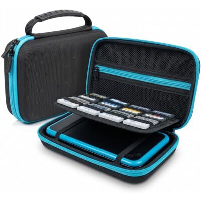 Orzly Nintendo 2DS XL draagtas, draagbare harde beschermhoes voor 2DS XL-console met speelvakken en ritsvak, blauw op zwart Orzly Nintendo 2DS XL draagtas, draagbare harde beschermhoes voor 2DS XL-console met speelvakken en ritsvak, blauw op zwart