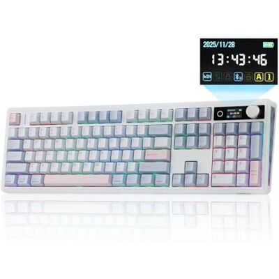 EPOMAKER TH108 V2 Pro mechanisch toetsenbord, groot formaat, met display en draaiknop, 10.000 mAh, BT/2,4 GHz, PBT Mac, hot-swap, RGB, pakking, draadloos gaming-toetsenbord voor Mac/pc, QWERTY (blauw EPOMAKER TH108 V2 Pro mechanisch toetsenbord, groot formaat, met display en draaiknop, 10.000 mAh, BT/2,4 GHz, PBT Mac, hot-swap, RGB, pakking, draadloos gaming-toetsenbord voor Mac/pc, QWERTY (blauw